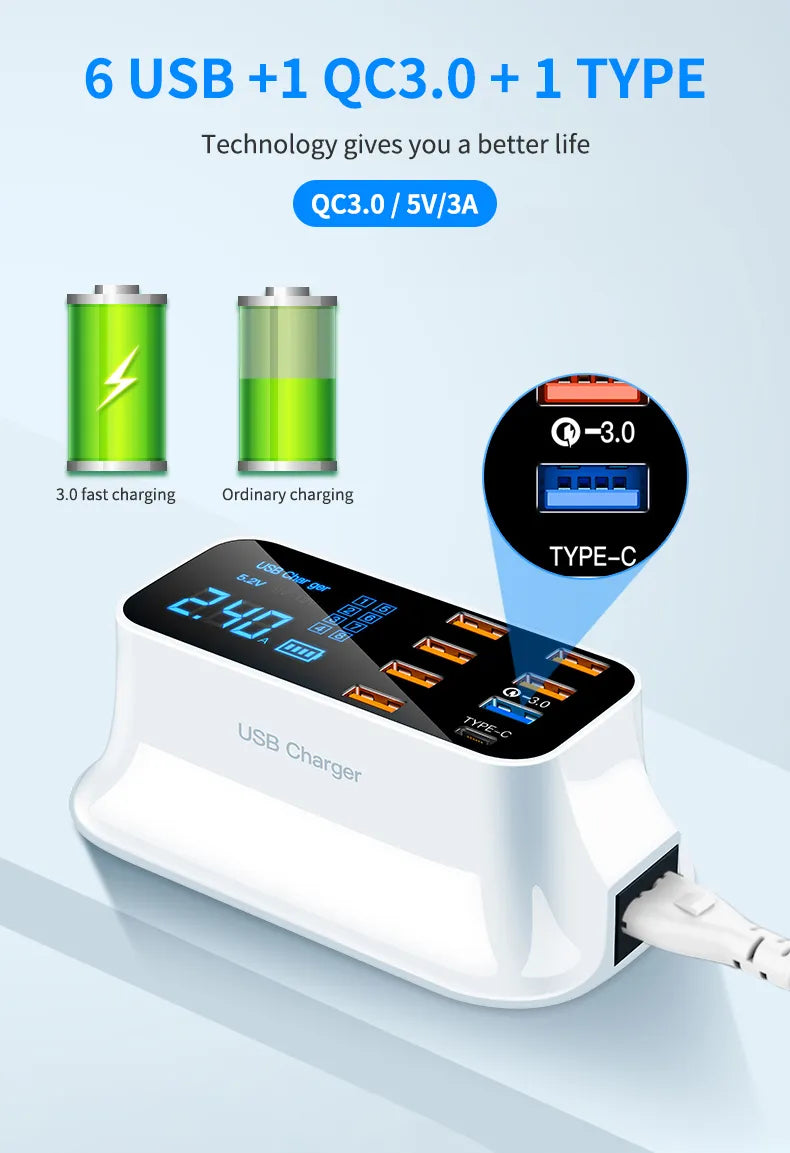 8 Ports Quick Charge 3.0 Led Display USB Charger